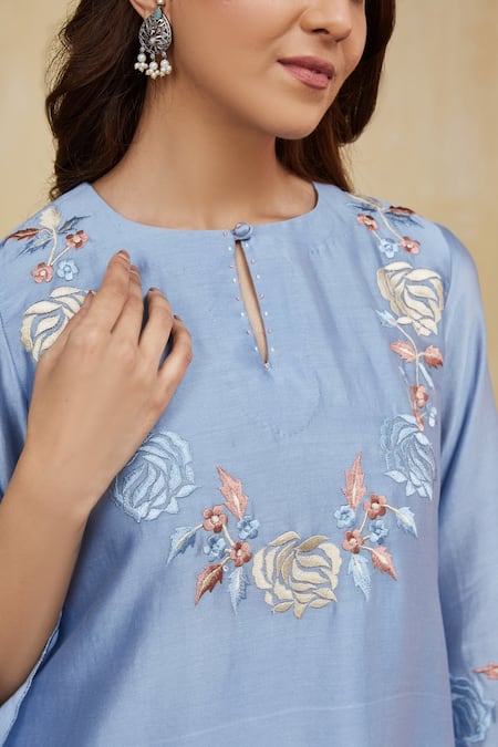 Mushio Blue Embroidery Round Neck Floral Kurta Set at Aza Fashions Mushio_Blue Embroidery Round Neck Floral Kurta Set _at_Aza_Fashions