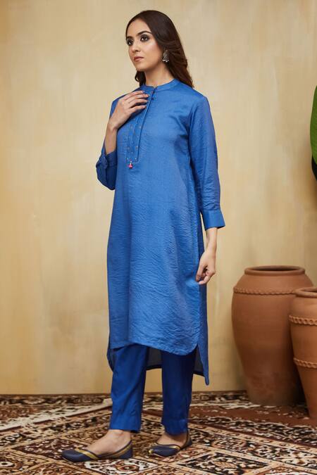 Buy Mushio Blue Cotton, Silk Embroidery Open Neck Hand Embellished Stripe Co-ord Set Online at Aza Fashions Buy_Mushio_Blue Cotton, Silk Embroidery Open Neck Hand Embellished Stripe Co-ord Set _Online_at_Aza_Fashions