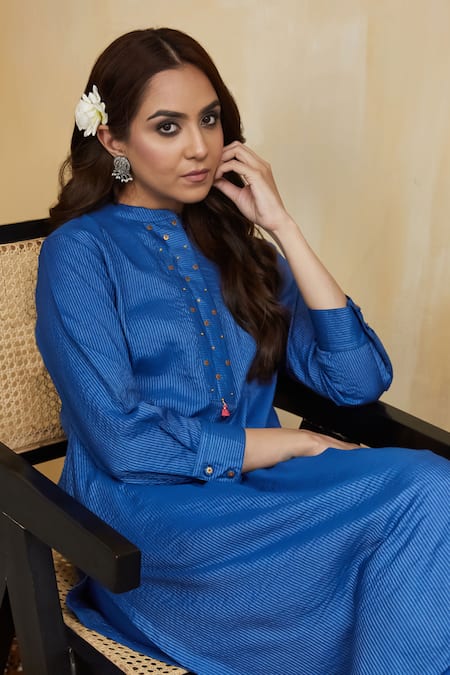 Shop Mushio Blue Cotton, Silk Embroidery Open Neck Hand Embellished Stripe Co-ord Set Online at Aza Fashions Shop_Mushio_Blue Cotton, Silk Embroidery Open Neck Hand Embellished Stripe Co-ord Set _Online_at_Aza_Fashions