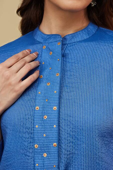 Mushio Blue Cotton, Silk Embroidery Open Neck Hand Embellished Stripe Co-ord Set at Aza Fashions Mushio_Blue Cotton, Silk Embroidery Open Neck Hand Embellished Stripe Co-ord Set _at_Aza_Fashions