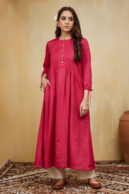 Mushio Pink Cotton, Chiffon Embroidery Round Neck Hand Embellished Stripe Kurta Set Online at Aza Fashions Mushio_Pink Cotton, Chiffon Embroidery Round Neck Hand Embellished Stripe Kurta Set _Online_at_Aza_Fashions