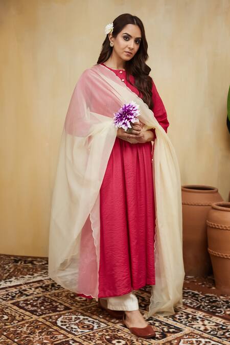 Buy Mushio Pink Cotton, Chiffon Embroidery Round Neck Hand Embellished Stripe Kurta Set Online at Aza Fashions Buy_Mushio_Pink Cotton, Chiffon Embroidery Round Neck Hand Embellished Stripe Kurta Set _Online_at_Aza_Fashions