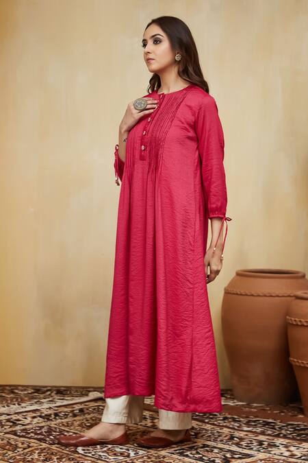Shop Mushio Pink Cotton, Chiffon Embroidery Round Neck Hand Embellished Stripe Kurta Set Online at Aza Fashions Shop_Mushio_Pink Cotton, Chiffon Embroidery Round Neck Hand Embellished Stripe Kurta Set _Online_at_Aza_Fashions