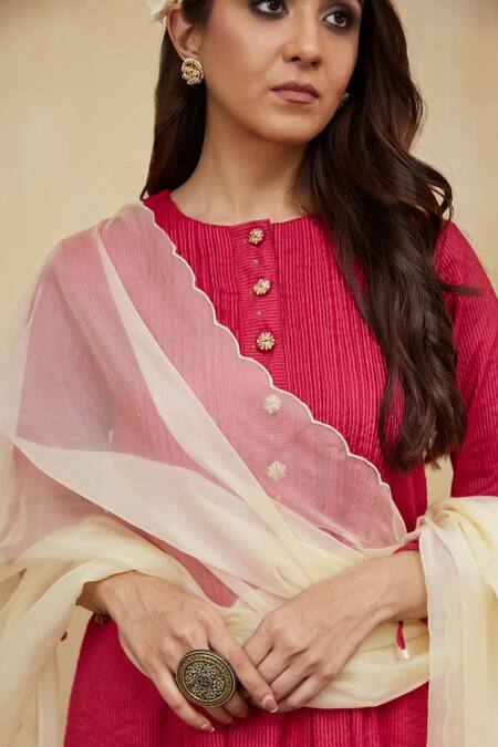 Buy Mushio Pink Cotton, Chiffon Embroidery Round Neck Hand Embellished Stripe Kurta Set Buy_Mushio_Pink Cotton, Chiffon Embroidery Round Neck Hand Embellished Stripe Kurta Set