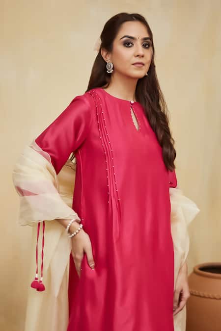 Buy_Mushio_Pink Chanderi, Chiffon Beads Keyhole Neck Hand Embellished Kurta Set _Online_at_Aza_Fashions
