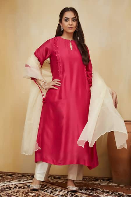 Shop_Mushio_Pink Chanderi, Chiffon Beads Keyhole Neck Hand Embellished Kurta Set _Online_at_Aza_Fashions