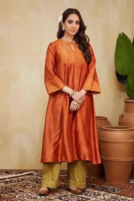 Mushio_Orange Chanderi, Cotton Satin, Organza Lace Hand Embellished Giana Kurta Set _Online_at_Aza_Fashions