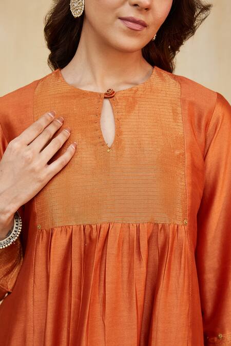 Mushio_Orange Chanderi, Cotton Satin, Organza Lace Hand Embellished Giana Kurta Set _at_Aza_Fashions