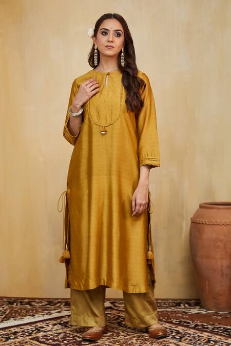 Mushio Mustard Chanderi Embroidery Keyhole Neck Hand Embellished Kurta Set Online at Aza Fashions Mushio_Mustard Chanderi Embroidery Keyhole Neck Hand Embellished Kurta Set _Online_at_Aza_Fashions