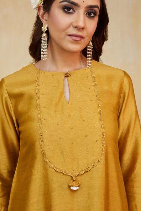 Mushio Mustard Chanderi Embroidery Keyhole Neck Hand Embellished Kurta Set at Aza Fashions Mushio_Mustard Chanderi Embroidery Keyhole Neck Hand Embellished Kurta Set _at_Aza_Fashions