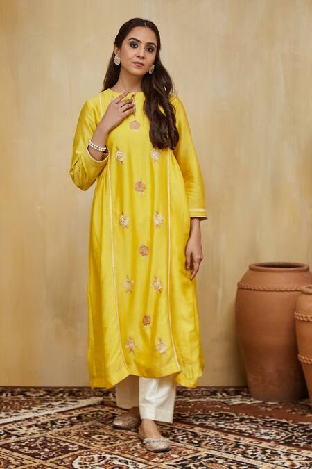 Buy Mushio Yellow Chanderi, Cotton Embroidery Keyhole Neck Floral Kurta Set Online at Aza Fashions Buy_Mushio_Yellow Chanderi, Cotton Embroidery Keyhole Neck Floral Kurta Set _Online_at_Aza_Fashions