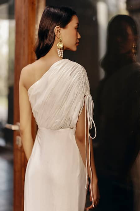 Shop_EWOKE_Ivory Georgette Cowl Neck Drape Maxi Dress _at_Aza_Fashions