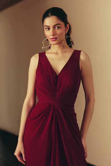 Ewoke_Purple Georgette V-neck Draped Jumpsuit _Online_at_Aza_Fashions