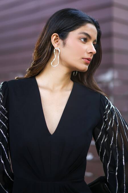 EWOKE_Black Georgette Sequins V-neck Evening Dress _Online_at_Aza_Fashions