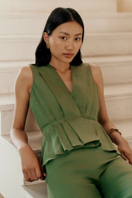 EWOKE_Green Linen, Cotton V-neck Olive Pleated Pant Set _Online_at_Aza_Fashions