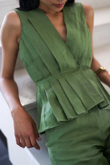 Buy_EWOKE_Green Linen, Cotton V-neck Olive Pleated Pant Set _Online_at_Aza_Fashions