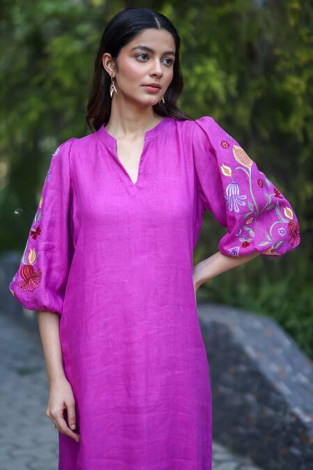 EWOKE_Pink Hemp Embroidery V-neck Hand Dress _Online_at_Aza_Fashions