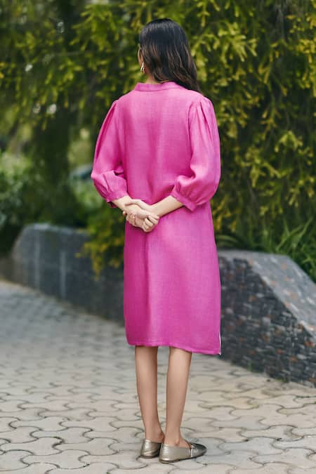 Shop_EWOKE_Pink Hemp Embroidery V-neck Hand Dress _at_Aza_Fashions
