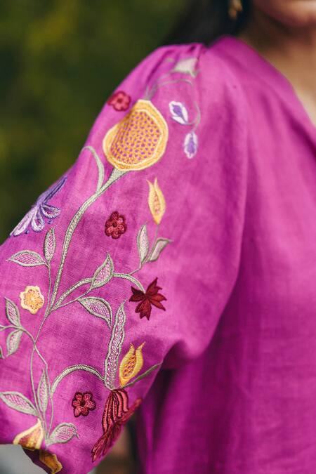 Buy_EWOKE_Pink Hemp Embroidery V-neck Hand Dress _Online_at_Aza_Fashions