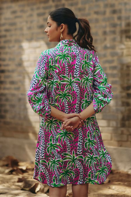 Shop_EWOKE_Green Cotton Collared Palm Print Designer Shirt Dress _at_Aza_Fashions