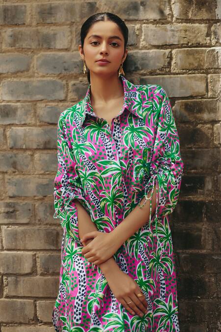 EWOKE_Green Cotton Collared Palm Print Designer Shirt Dress _Online_at_Aza_Fashions