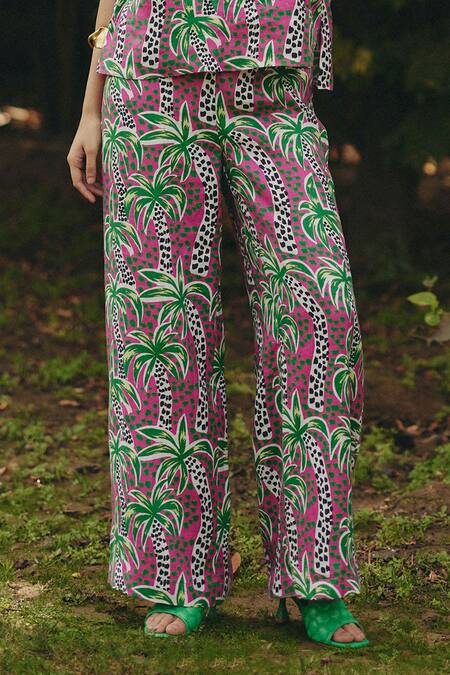 EWOKE_Pink Cotton V-neck Palm Print Co-ord Set _Online_at_Aza_Fashions