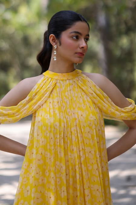 EWOKE_Yellow Chiffon Off-shoulder Petal Haze Mini Dress _Online_at_Aza_Fashions