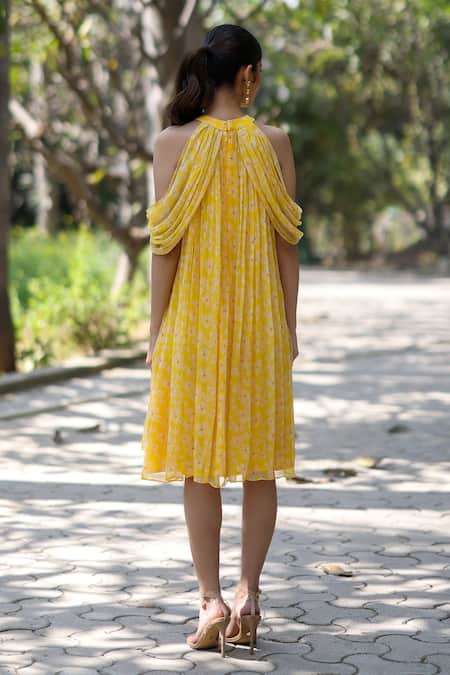 Shop_EWOKE_Yellow Chiffon Off-shoulder Petal Haze Mini Dress _at_Aza_Fashions