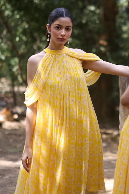 Buy_EWOKE_Yellow Chiffon Off-shoulder Petal Haze Mini Dress _Online_at_Aza_Fashions