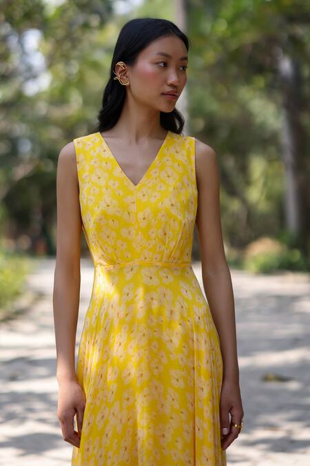 EWOKE_Yellow Chiffon V-neck Petal Haze Midi Dress _Online_at_Aza_Fashions