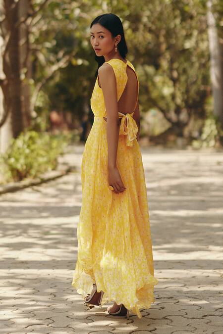 Shop_EWOKE_Yellow Chiffon V-neck Petal Haze Midi Dress _at_Aza_Fashions