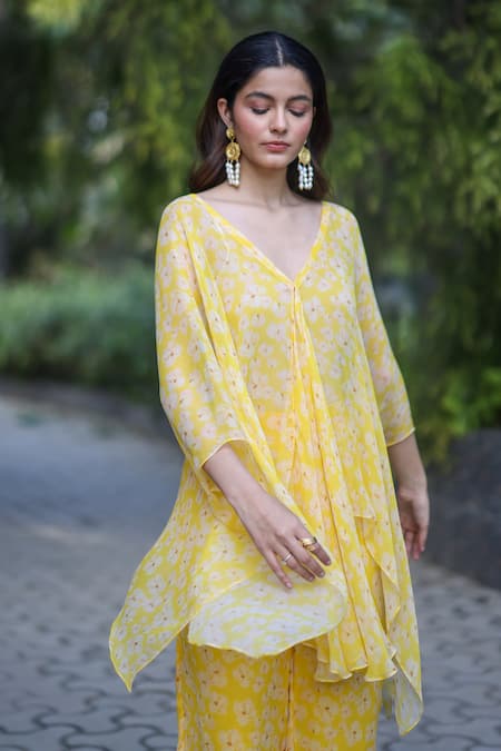 EWOKE_Yellow Chiffon V-neck Sheer Co-ord Set _Online_at_Aza_Fashions