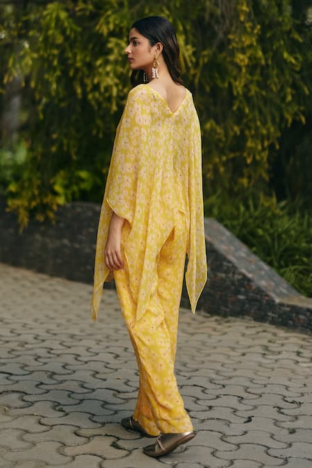 Shop_EWOKE_Yellow Chiffon V-neck Sheer Co-ord Set _at_Aza_Fashions