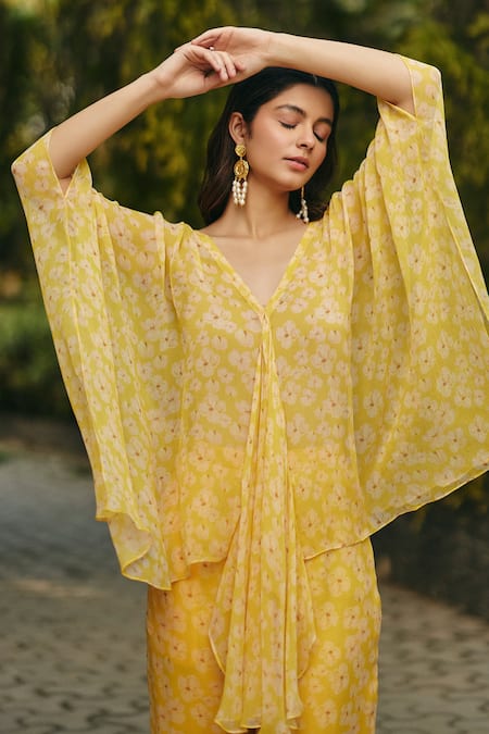 Buy_EWOKE_Yellow Chiffon V-neck Sheer Co-ord Set _Online_at_Aza_Fashions
