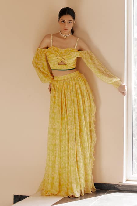 Shop_EWOKE_Yellow Chiffon Off-shoulder Petal Haze Fusion Lehenga Set _at_Aza_Fashions