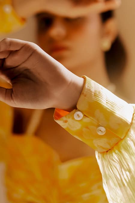 EWOKE_Yellow Chiffon Off-shoulder Petal Haze Fusion Lehenga Set _Online_at_Aza_Fashions