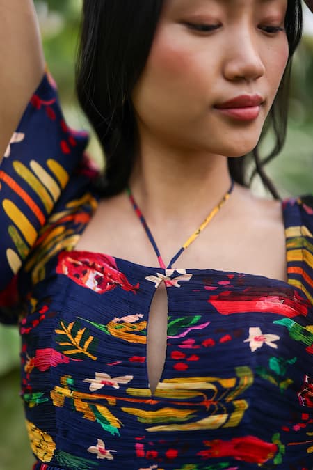 EWOKE_Blue Satin Square , Keyhole Tropical Print Mini Dress _Online_at_Aza_Fashions