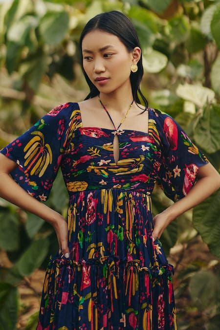 Shop_EWOKE_Blue Satin Square , Keyhole Tropical Print Mini Dress _at_Aza_Fashions
