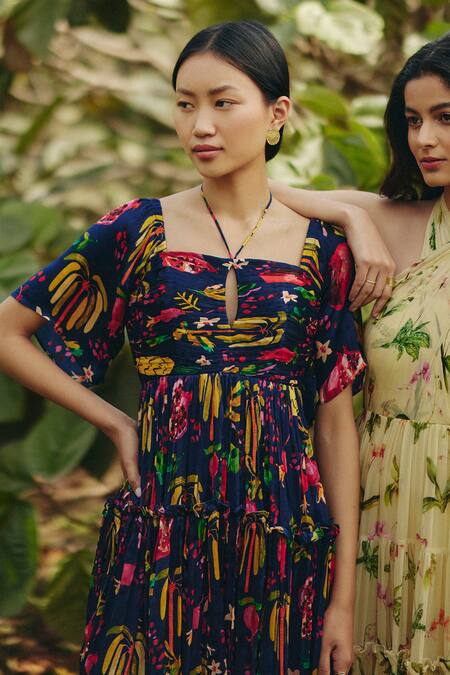 Buy_EWOKE_Blue Satin Square , Keyhole Tropical Print Mini Dress _Online_at_Aza_Fashions