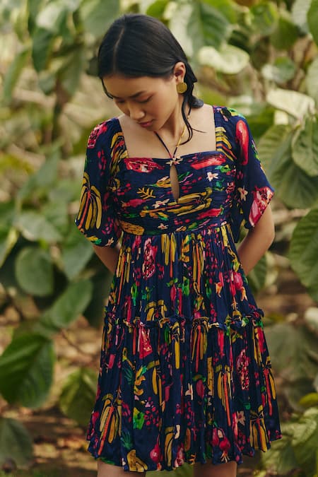 Shop_EWOKE_Blue Satin Square , Keyhole Tropical Print Mini Dress _Online_at_Aza_Fashions