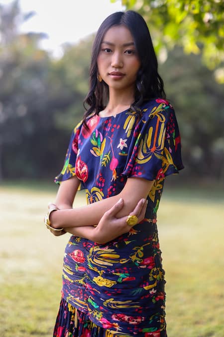 Shop_EWOKE_Blue Satin Round Neck Tropical Print Cut-away Maxi Dress _at_Aza_Fashions