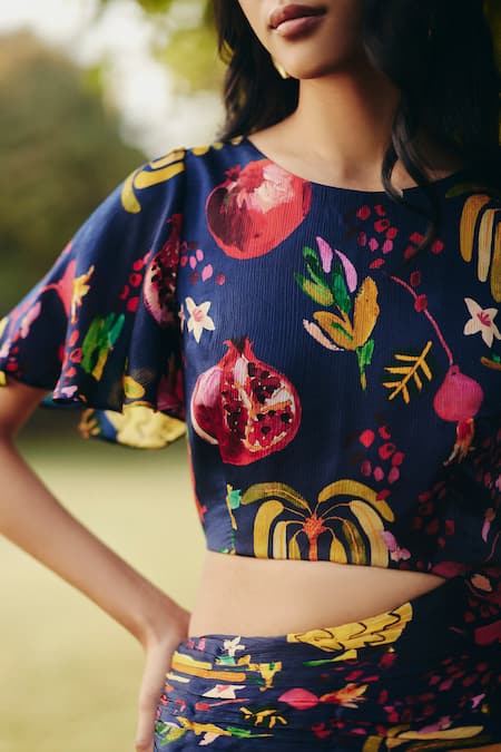 EWOKE_Blue Satin Round Neck Tropical Print Cut-away Maxi Dress _Online_at_Aza_Fashions