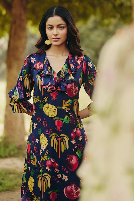 Shop_EWOKE_Blue Satin V-neck Pine Printed Ruffle Sheath Dress _at_Aza_Fashions