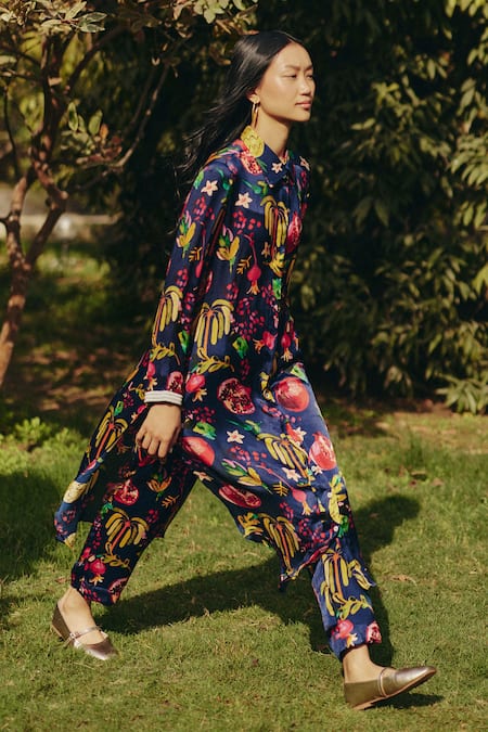 Shop_EWOKE_Blue Satin Embroidery Collared Floral Print Co-ord Set _at_Aza_Fashions