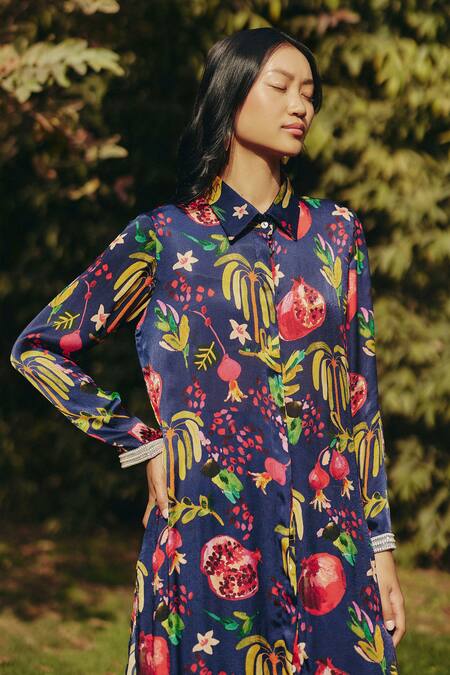 EWOKE_Blue Satin Embroidery Collared Floral Print Co-ord Set _Online_at_Aza_Fashions
