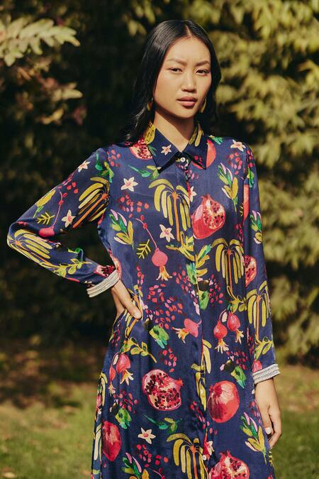 Buy_EWOKE_Blue Satin Embroidery Collared Floral Print Co-ord Set _Online_at_Aza_Fashions
