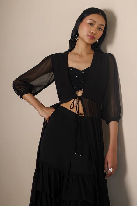 EWOKE_Black Georgette Embroidery V-, Sweetheart Midnight Ruffle Set _Online_at_Aza_Fashions