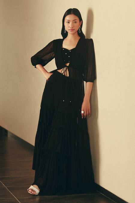 Shop_EWOKE_Black Georgette Embroidery V-, Sweetheart Midnight Ruffle Set _at_Aza_Fashions