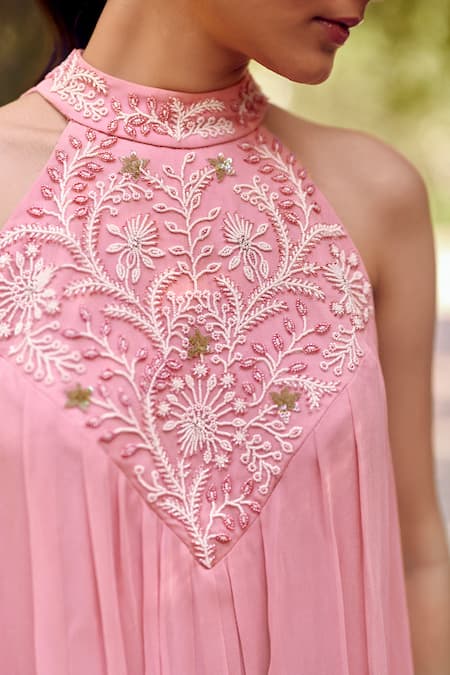 Ewoke Pink Georgette Embroidery, Beads Halter Neck Floral Hand Midi Dress Online at Aza Fashions Ewoke_Pink Georgette Embroidery, Beads Halter Neck Floral Hand Midi Dress _Online_at_Aza_Fashions