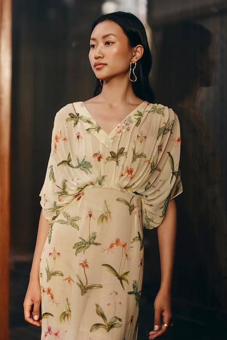 Shop_EWOKE_Yellow Georgette V-neck Floral Printed Kaftan _at_Aza_Fashions